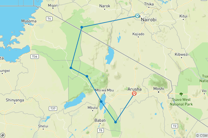 Carte du circuit 9 jours de safari en camping au Kenya et en Tanzanie