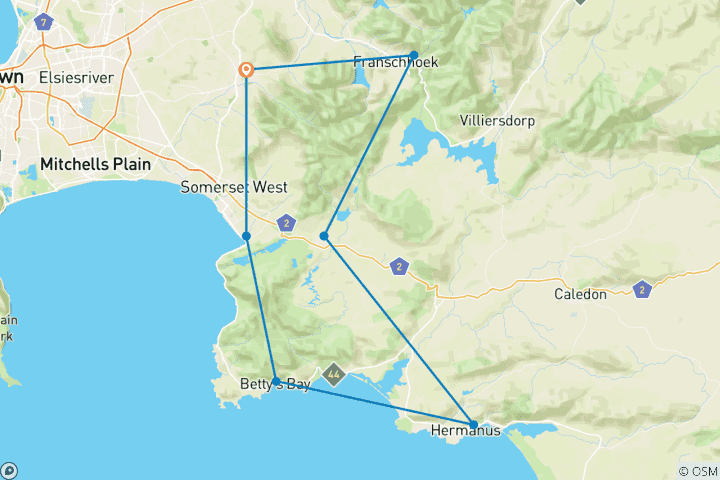 Kaart van Fietstocht van Stellenbosch naar Hermanus - 3 dagen