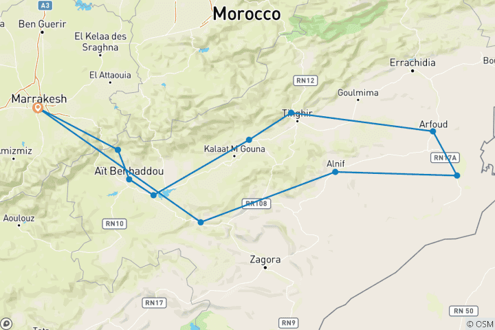 Kaart van Privé-woestijntocht door de Sahara – vanuit Marrakech – 4 dagen