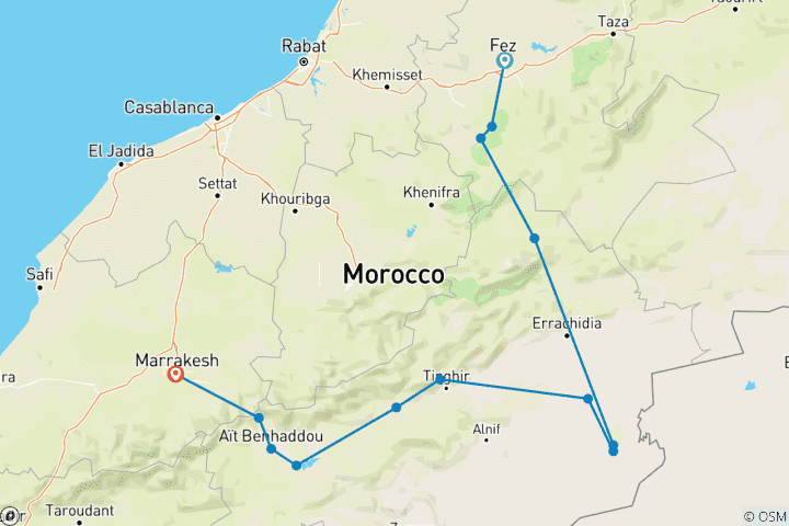 Kaart van 4 dagen woestijnRondreis door van Fes naar Marrakech