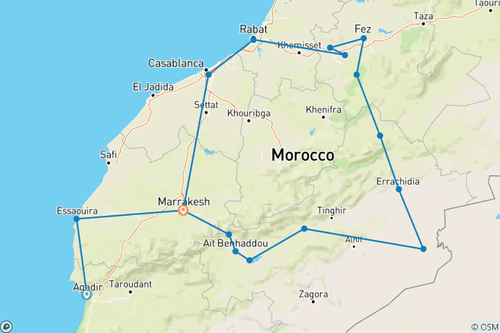 Mapa de Circuito privado de 12 días de Agadir a Marrakech - ciudades imperiales, desierto y cañones