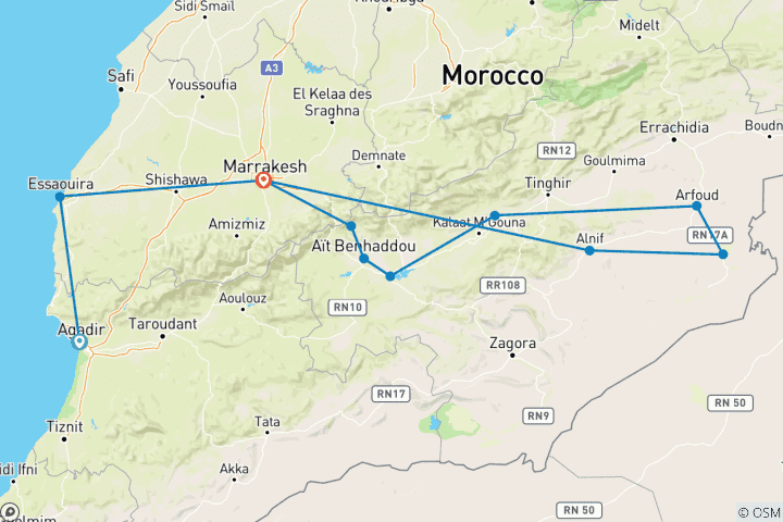 Map of From Agadir: 7 Day Private Tour via Essaouira, Marrakech & The Sahara Desert