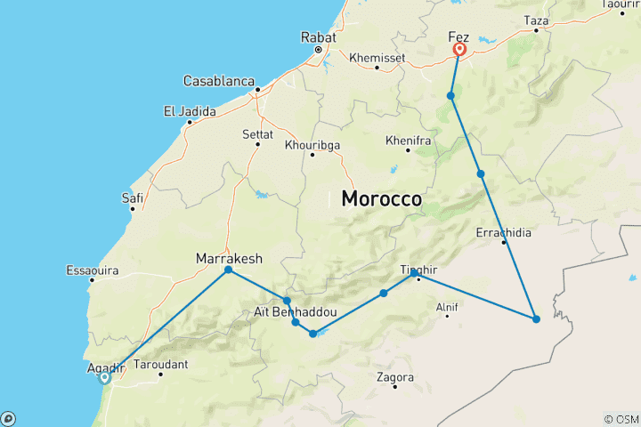 Map of 6 Day Private Tour from Agadir to Fes via Marrakech & the Sahara Desert