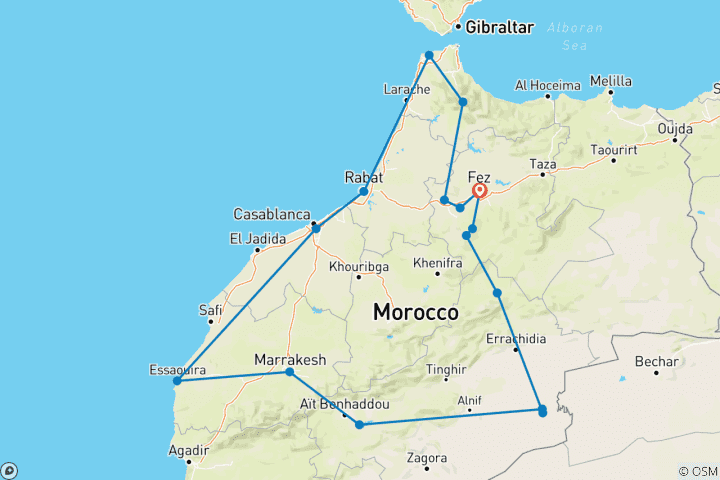 Kaart van 11-Daagse rondreis vanuit Fes op bezoek in keizerlijke steden en woestijn