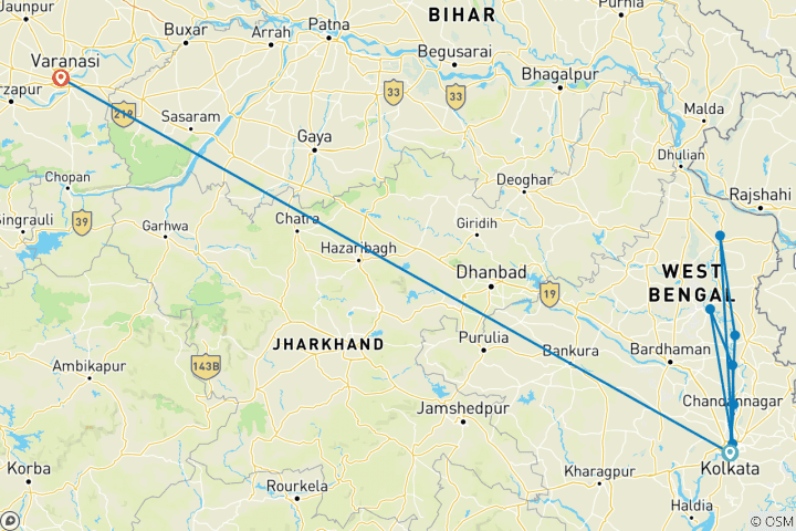 Carte du circuit Croisière sur le Gange : Les eaux sacrées entre Kolkata et Varanasi - croisière port à port