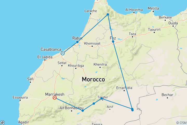 Kaart van Rondreis naar Chefchaouen, Fes & de Sahara – vanuit Casablanca – 6 dagen