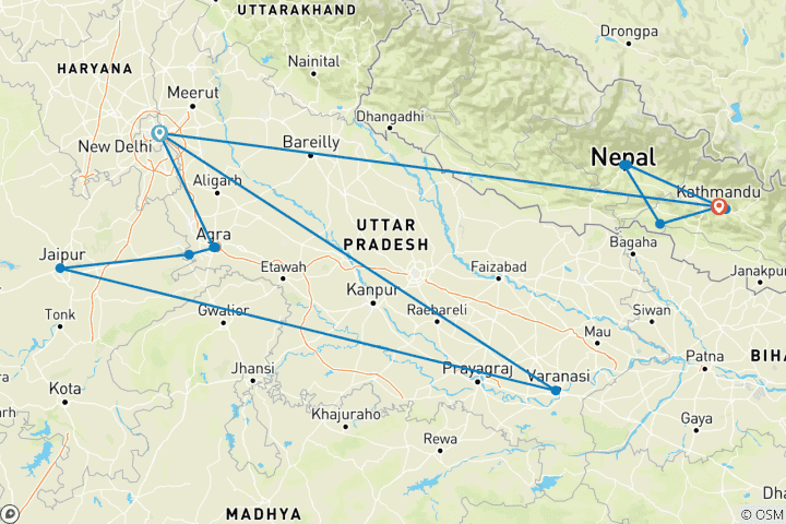 Karte von Indien & Nepal Rundreise