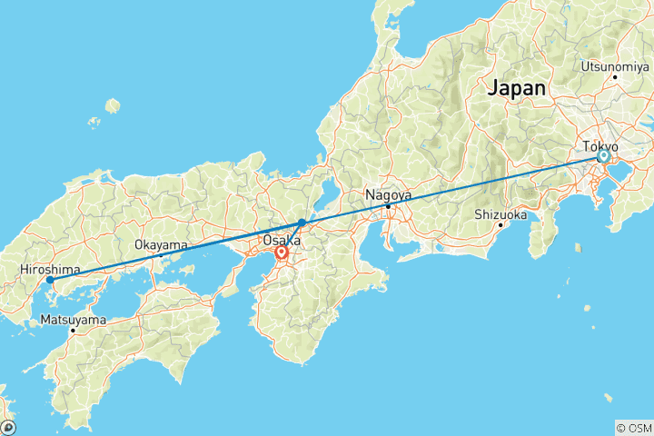 Kaart van Japan express (van Tokyo naar Osaka)