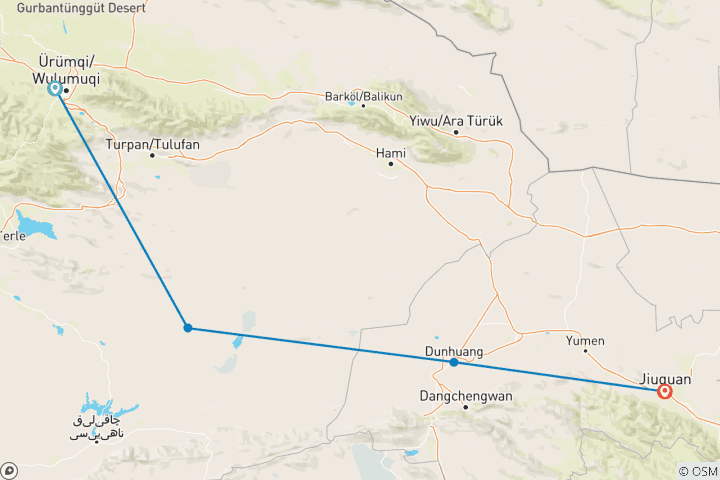 Karte von Seidenstraße auf einen Blick: Urumqi nach Turpan, Dunhuang und Jiayuguan