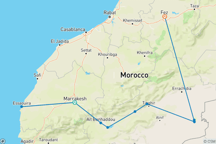 Mapa de Circuito privado de 6 días: Marrakech, Essaouira y desierto de Fez