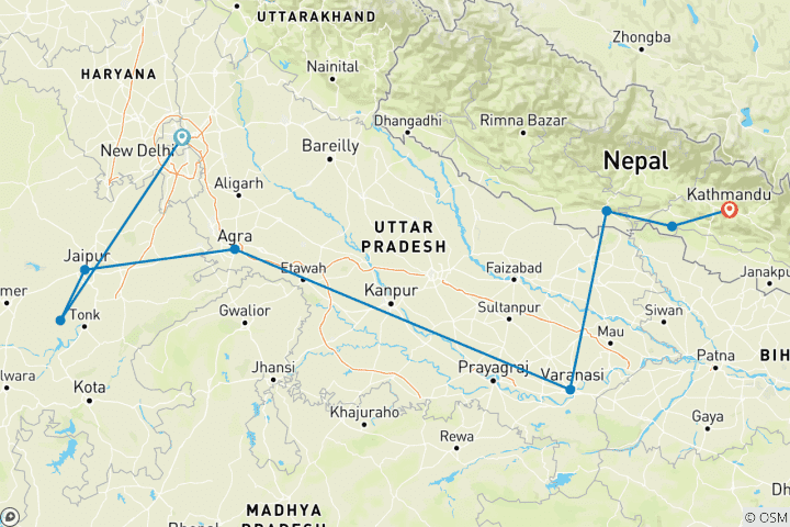 Map of Real Delhi to Kathmandu