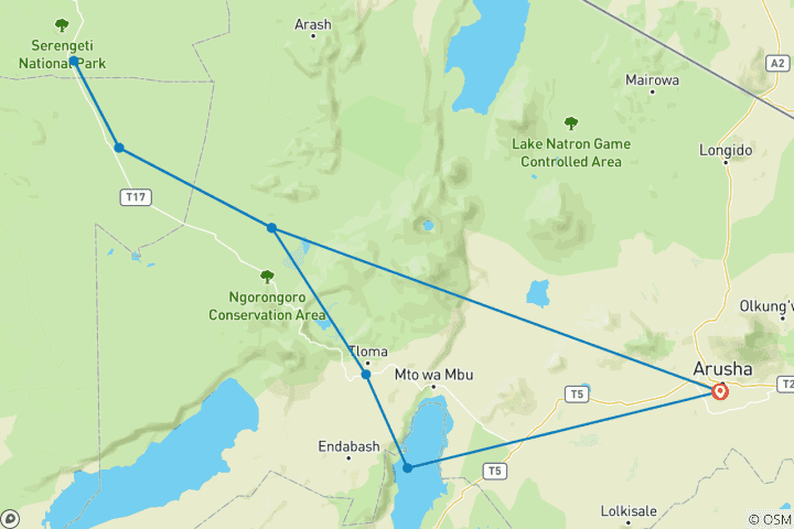 Karte von 6 Tage 5 Nächte Luxus-Safari zum Lake Manyara, Serengeti & Ngorongoro