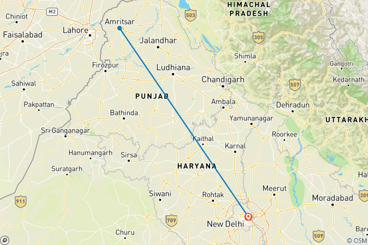 Mapa de Viaje espiritual a Amritsar desde Delhi en avión