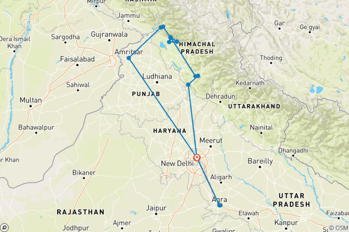 Kaart van De Grote Himalaya Tocht met Amritsar en Taj Mahal