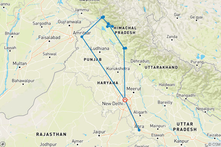 Karte von Die große Himalaya Rundreise mit Amritsar und Taj Mahal