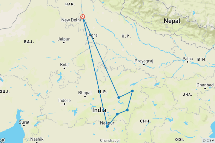 Mapa de Excursión a los Tigres de Bandhavgarh, Kanha y Pench desde Delhi con vuelos