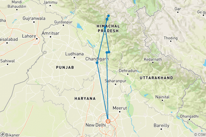 Map of Shimla Manali Chandigarh Tour