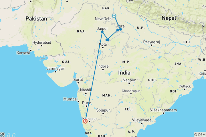 Karte von Luxuriöse private Goa Tour mit Taj und Tigern