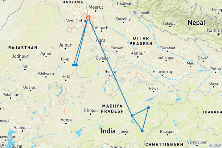 Kaart van Bandhavgarh Ranthambore Tijger Tour