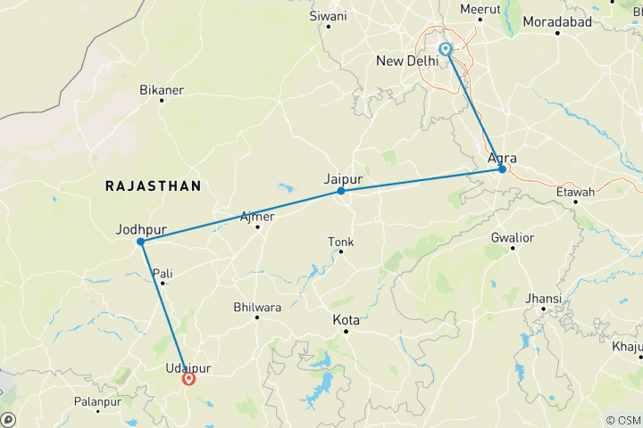 Carte du circuit Royal Rajasthan avec séjour romantique sur une île