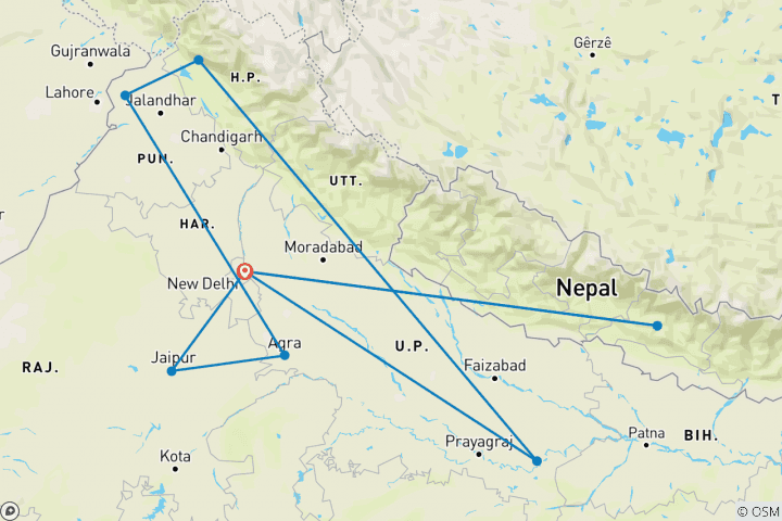 Carte du circuit Triangle d'or avec Amritsar, Dharamshala, Varanasi et le Népal