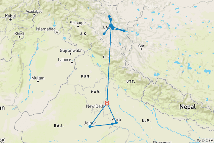 Map of Golden Triangle Tour with Ladakh