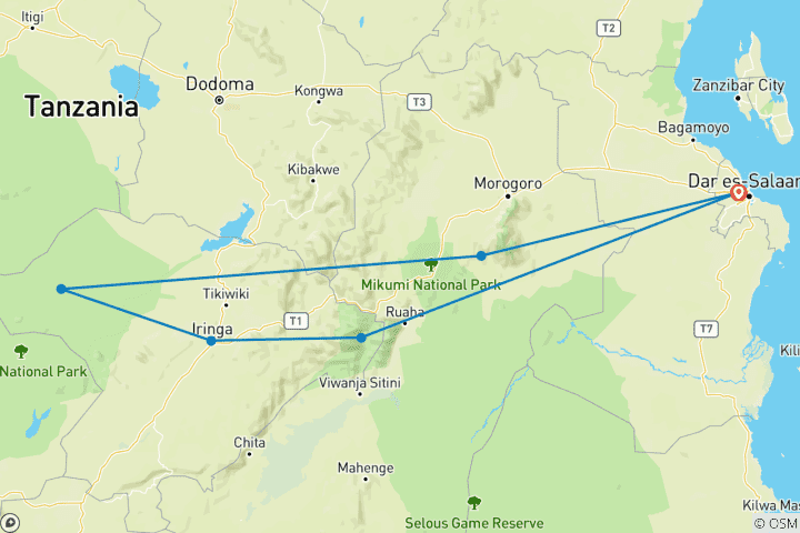 Map of 6 Days Udzungwa NP,  Ruaha NP and Mikumi NP Best of Southern Circuit - Private Safari