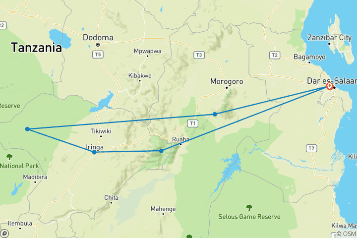 Kaart van 6 Dagen Udzungwa NP, Ruaha NP en Mikumi NP Het beste van het zuidelijke circuit - Prive-safari