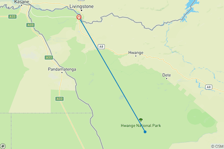 Carte du circuit 3 nuits de safari animalier à Hwange