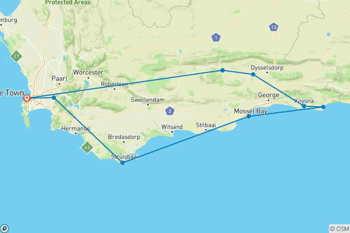 Map of CAPE  TOWN  &  BEYOND  Chauffeur Drive Tour:  6 Days