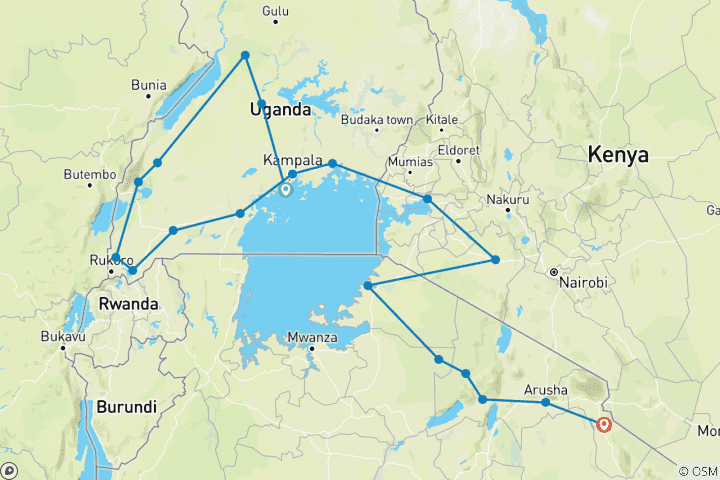 Map of 17 Days Safari to experience Uganda's gorillas, Kenya's Masai Mara, Tanzania's Serengeti and Ngorongoro ( Private tour)