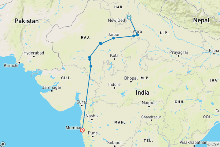 Karte von Nordindien Rundreise mit Mumbai