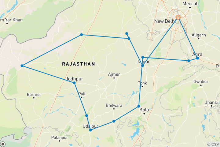 Map of Rajasthan Heritage Tour with Delhi and Taj Mahal