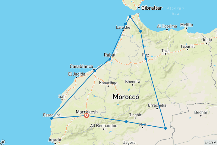 Map of 12 Days Tour from Marrakech