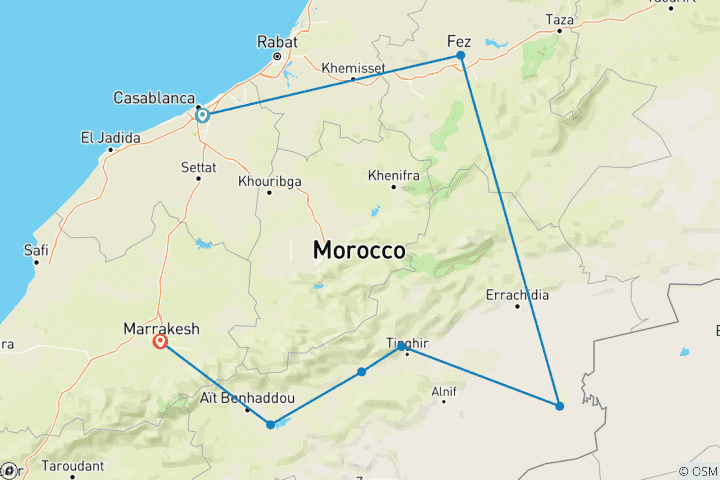 Map of 5 Day Tour from Casablanca to Marrakech via Fes & the Sahara Desert