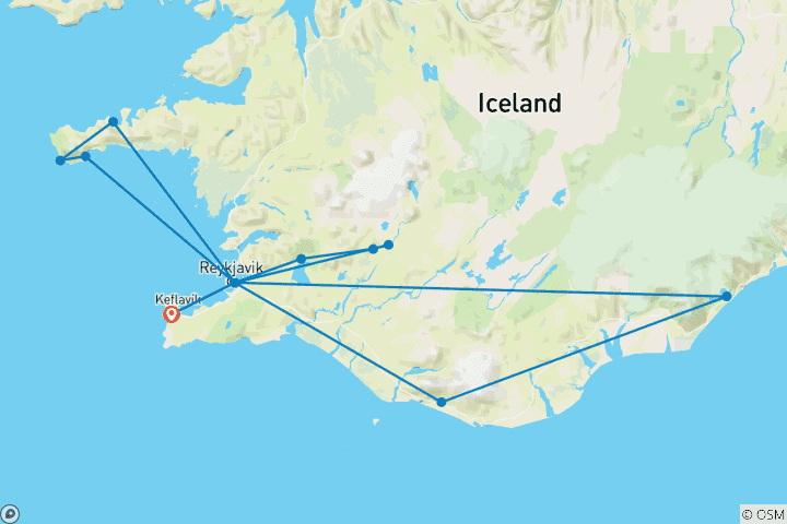 Mapa de Circuito a Islandia: el Círculo Dorado, la costa sur, Snæfellsnes y la ciudad de Reikiavik - incluye traslado al aeropuerto - 6 días