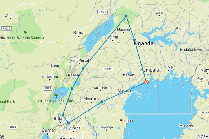 Carte du circuit 11 jours d'excursion en Ouganda pour découvrir les gorilles, les Big 5 et les grands félins