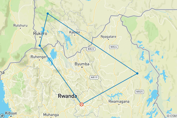 Mapa de 6 días de excursión a los gorilas de Uganda, los 5 grandes y los grandes felinos de Ruanda