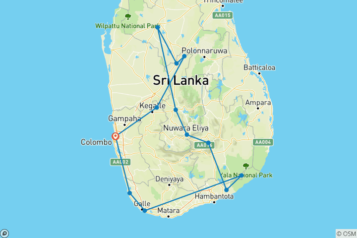 Map of Sri Lankan Safari - 14 Days