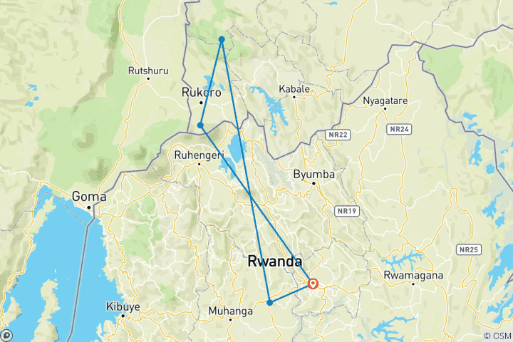 Map of 6 Days Uganda Gorilla Trekking & Hiking to Dian Fossey Tomb.