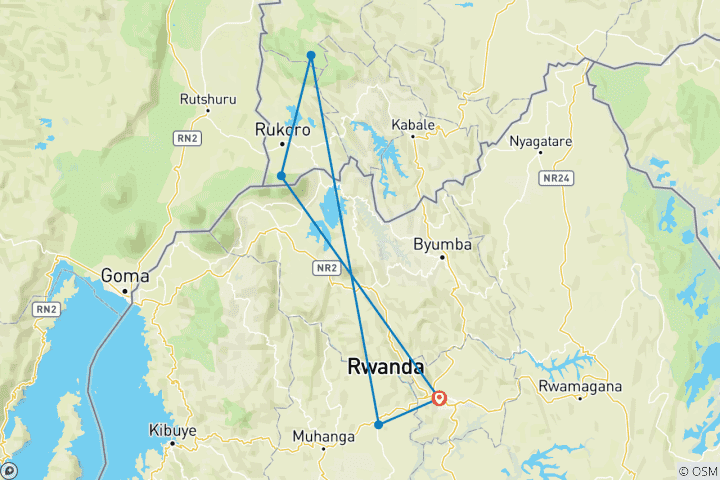 Kaart van 6 Dagen Oeganda Gorilla Tocht & Wandeltocht naar Dian Fossey Graf