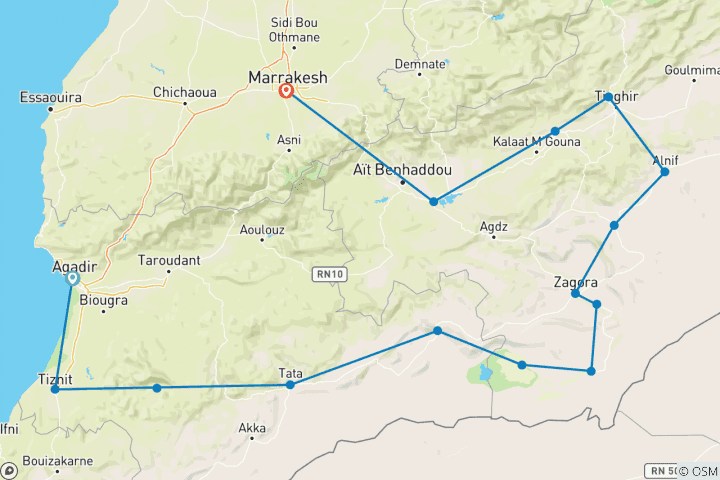 Carte du circuit Expédition de 7 jours dans le sud du Maroc : Kasbahs et désert du Sahara
