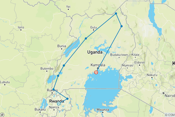 Mapa de Safari de 15 días de circuitos a gorilas, los 5 grandes y grandes felinos en Uganda y Ruanda