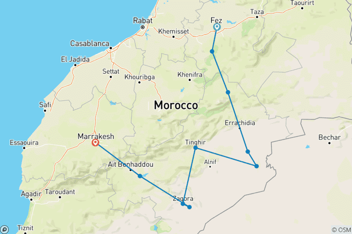 Kaart van Marokko Kasbahs en valleien Terugwegen