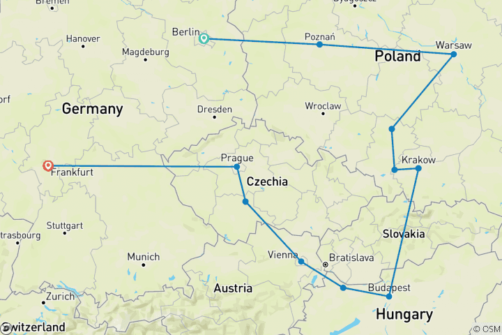 Kaart van Boheemse Hoogtepunten 2025/2026 (Einde Berlijn, 13 Dagen)