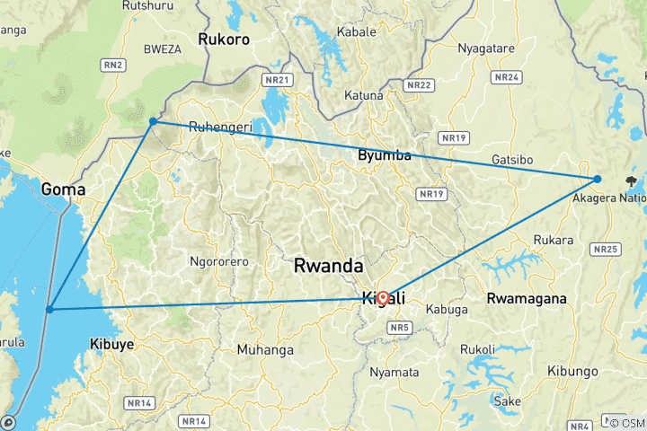 Map of 7 Days Rwanda Golden Monkeys, Big 5 & Big Cats Safari