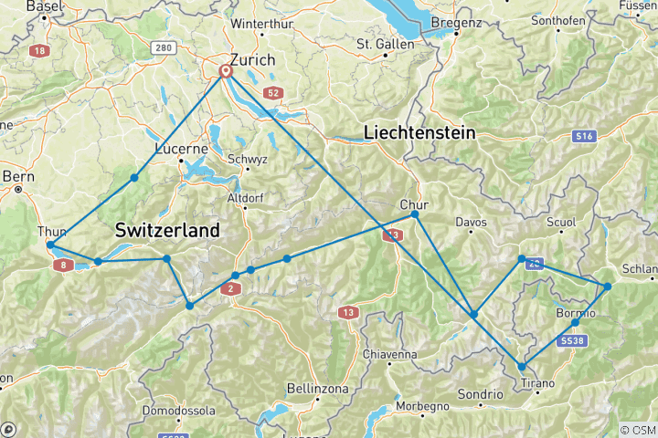 Map of Swiss Alps Mountain Passes Driving Tour & Stelvio (Italy): Pre-set sat-nav guided