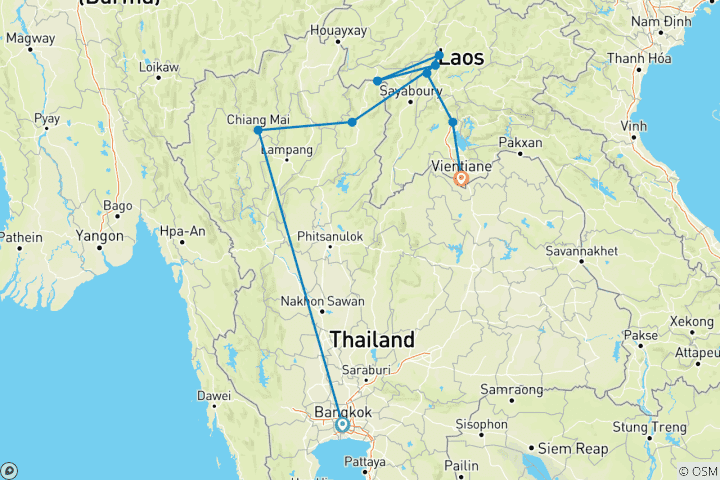 Carte du circuit La vraie Thaïlande et le Laos (18 destinations)
