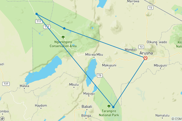 Mapa de Safari de acampada de 4 días visitando los Parques Nacionales de Tarangire, Ngorongoro y Serengeti