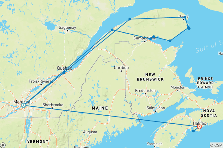 Carte du circuit Le Québec en profondeur avec la péninsule gaspésienne et le train de l'océan vers Halifax